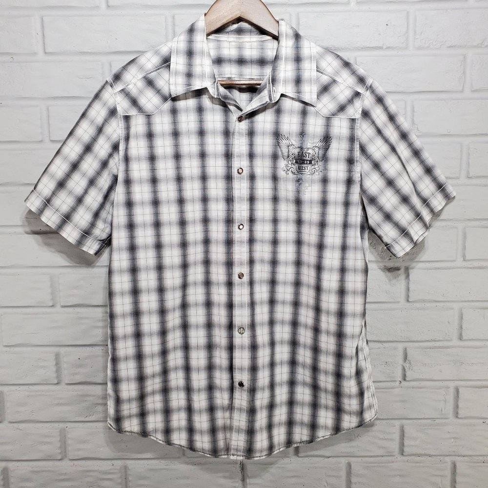 DKNY Mens Large? Gray‎ White Plaid Pearl Snap Western Logo Short Sleeved Shirt